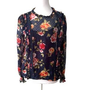 Kensie Red and Orange Ruffled Blouse with Peter Pan Collar Medium